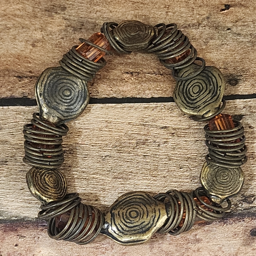 Vtg Artisan Stretch Bracelet with Brass Toned Beads Rings Amber Colored Beads